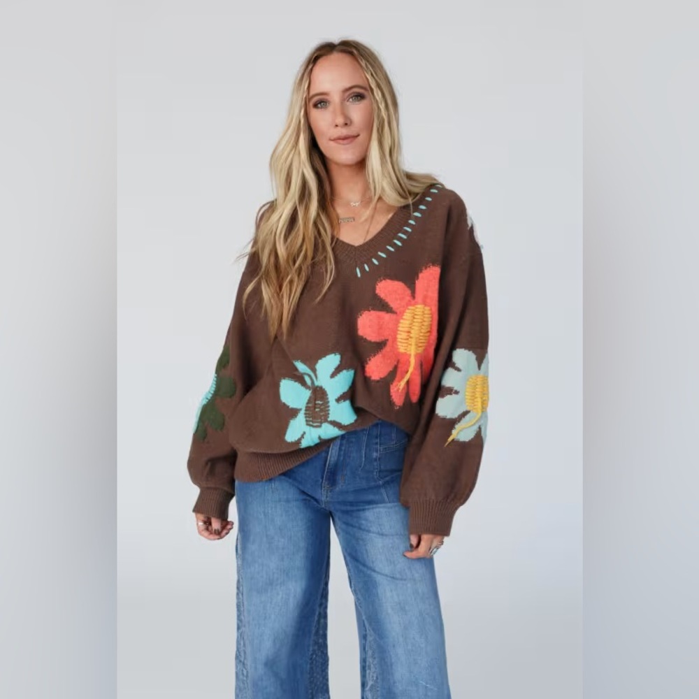 Three Bird Nest Good Mood Flower Print Sweater brown chocolate new M medium